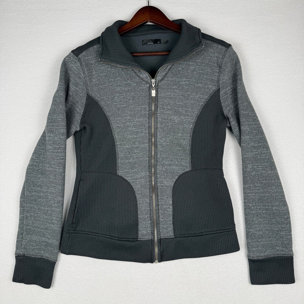 prAna Tobi Ribbed Full Zip Jacket Womens XL Grey Mock Neck Mixed Media Gorpcore